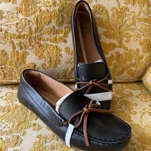 Clarks Black Moccasins with Brown Accents